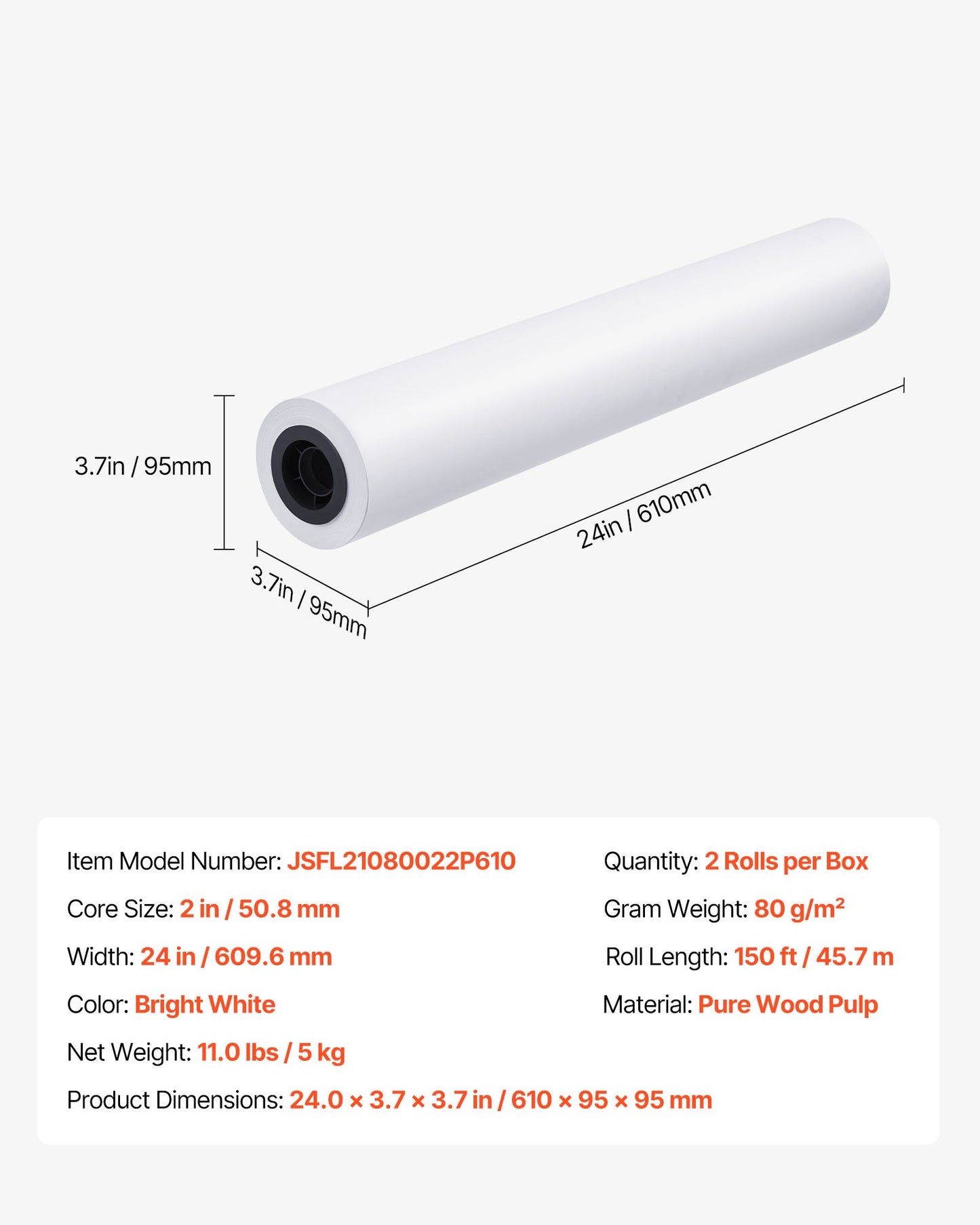 Wide Format Paper, 24 in x 150 ft Plotter Roll, 2 Rolls CAD Bond Rolls with 2 in Core, 20 LB Bond Paper Rolls, Ideal for CAD Drawings, Engineering Plans, GIS Maps, and Architectural Designs