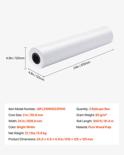 Wide Format Paper, 24 in x 300 ft Plotter Roll, 2 Rolls CAD Bond Rolls with 2 in Core, 20 LB Bond Paper Rolls, Ideal for CAD Drawings, Engineering Plans, GIS Maps, and Architectural Designs
