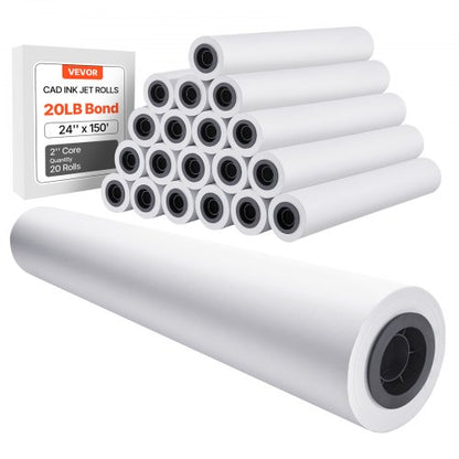 Wide Format Paper, 24 in x 150 ft Plotter Roll, 20 Rolls CAD Bond Rolls with 2 in Core, 20 LB Bond Paper Rolls, Ideal for CAD Drawings, Engineering Plans, GIS Maps, and Architectural Designs