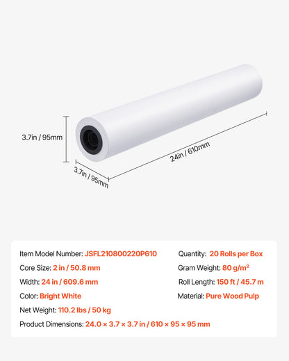 Wide Format Paper, 24 in x 150 ft Plotter Roll, 20 Rolls CAD Bond Rolls with 2 in Core, 20 LB Bond Paper Rolls, Ideal for CAD Drawings, Engineering Plans, GIS Maps, and Architectural Designs