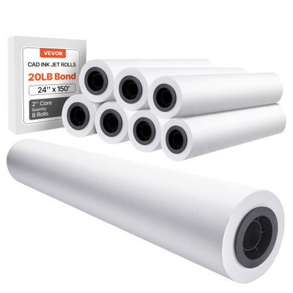 Wide Format Paper, 24 in x 150 ft Plotter Roll, 8 Rolls CAD Bond Rolls with 2 in Core, 20 LB Bond Paper Rolls, Ideal for CAD Drawings, Engineering Plans, GIS Maps, and Architectural Designs