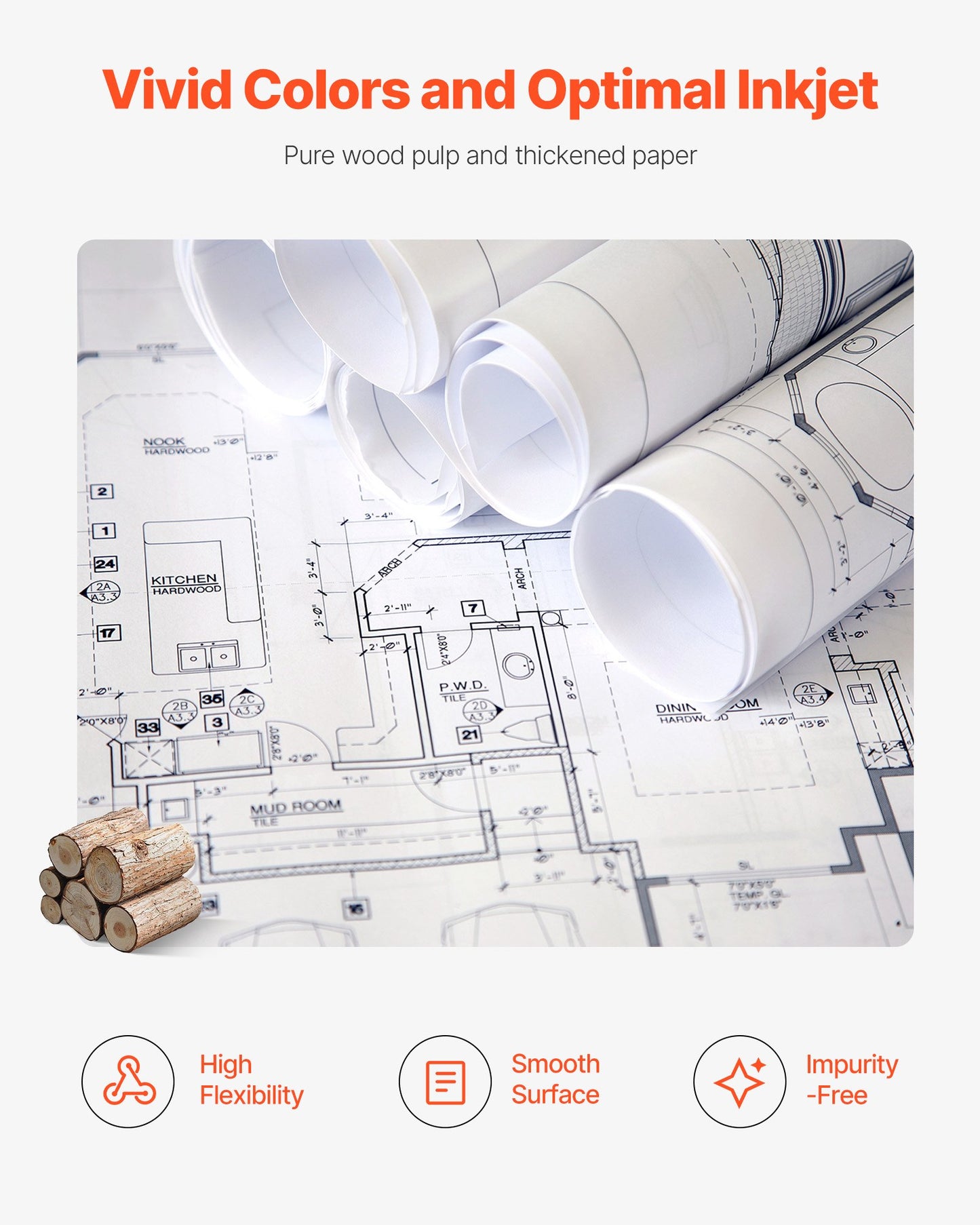 Wide Format Paper, 24 in x 150 ft Plotter Roll, 8 Rolls CAD Bond Rolls with 2 in Core, 20 LB Bond Paper Rolls, Ideal for CAD Drawings, Engineering Plans, GIS Maps, and Architectural Designs