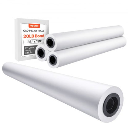 Wide Format Paper, 36 in x 150 ft Plotter Paper, 4 Rolls CAD Bond Rolls with 2 in Core, 20 LB Bond Paper Rolls, Idea for CAD Drawings, Engineering Plans, GIS Maps & Architectural Designs