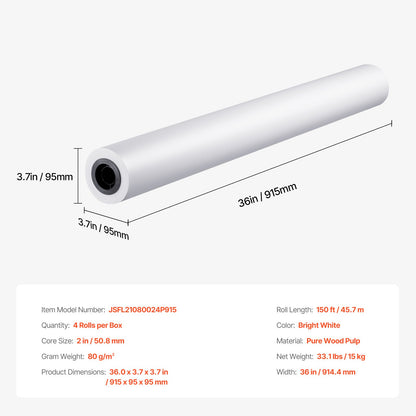 Wide Format Paper Plotter Paper 4 Rolls 36 Inch x 150 Feet CAD Bond Rolls
