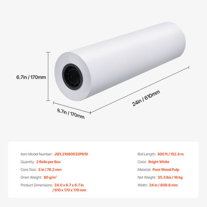 Wide Format Paper Plotter Paper 2 Rolls 24" x 500 ft CAD Bond Rolls