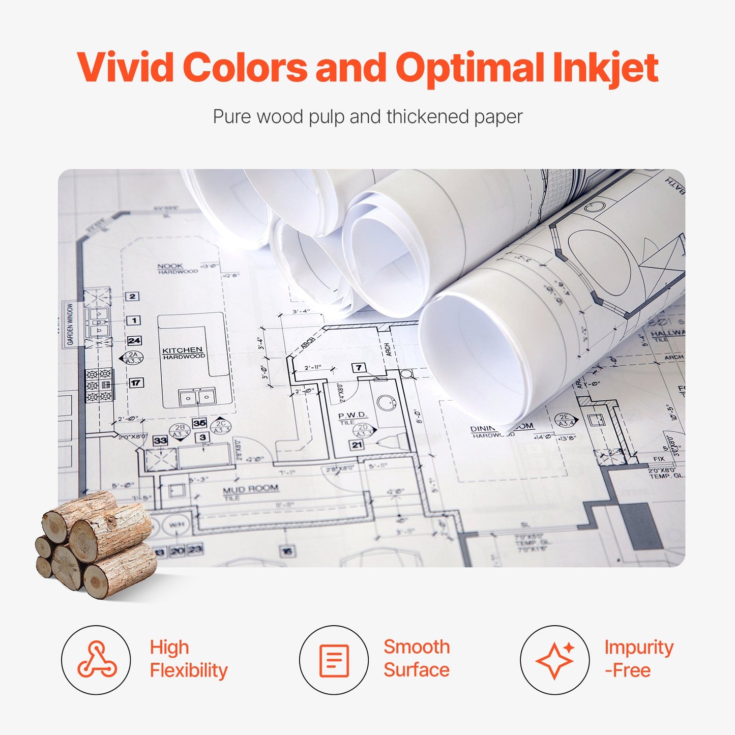 Wide Format Paper, 24 in x 500 ft Plotter Paper, 2 Rolls CAD Bond Rolls with 3 in Core, 20 LB Bond Paper Rolls, Idea for CAD Drawings, Engineering Plans, GIS Maps & Architectural Designs