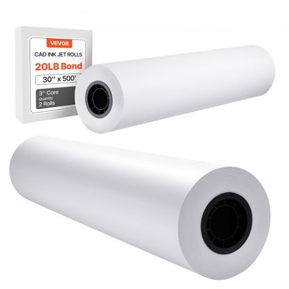 Wide Format Paper, 30 in x 500 ft Plotter Roll, 2 Rolls CAD Bond Rolls with 3 in Core, 20 LB Bond Paper Rolls, Ideal for CAD Drawings, Engineering Plans, GIS Maps, and Architectural Designs