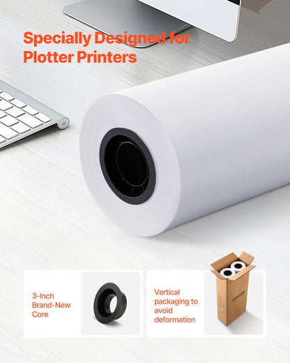 Wide Format Paper, 30 in x 500 ft Plotter Roll, 2 Rolls CAD Bond Rolls with 3 in Core, 20 LB Bond Paper Rolls, Ideal for CAD Drawings, Engineering Plans, GIS Maps, and Architectural Designs