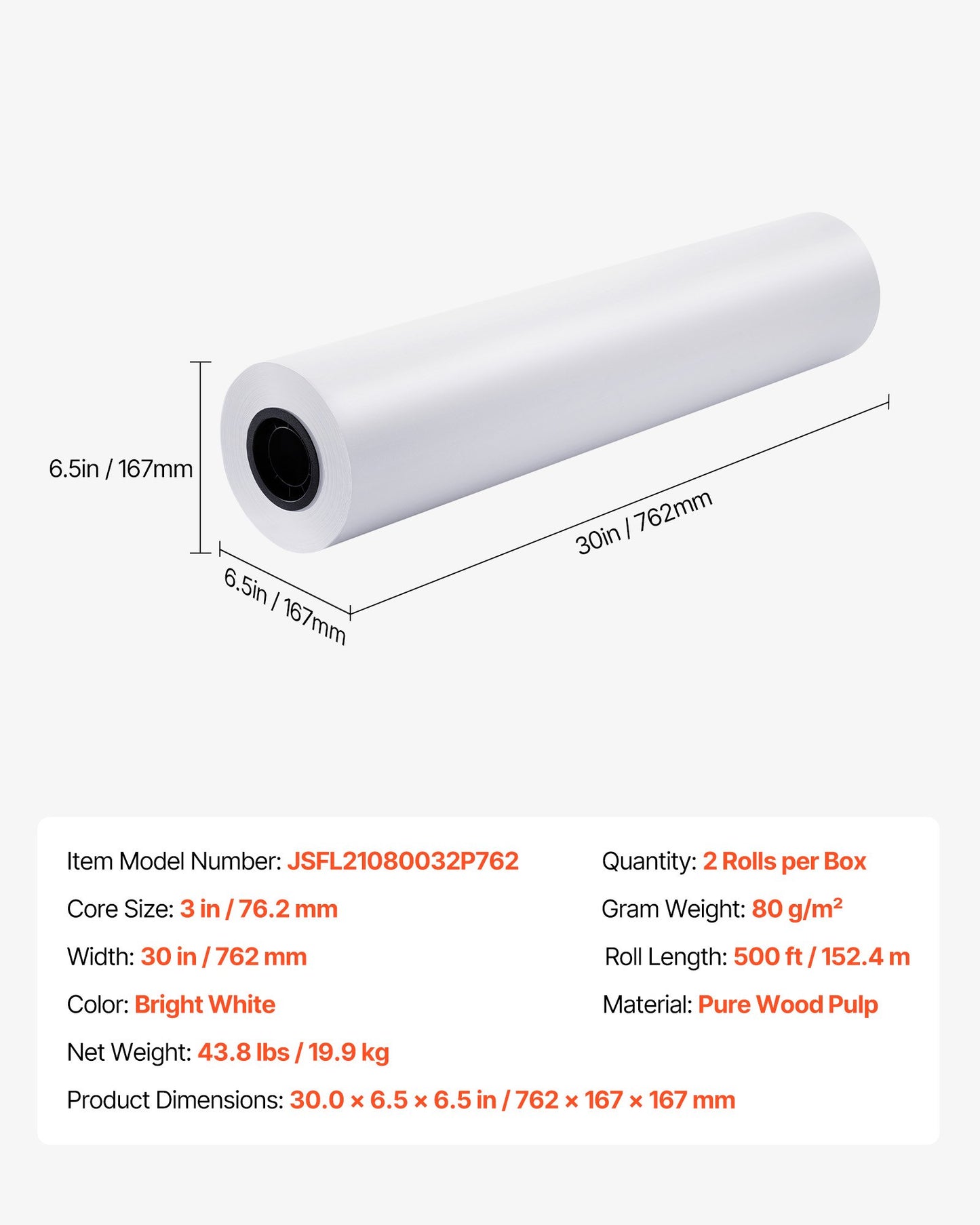 Wide Format Paper, 30 in x 500 ft Plotter Roll, 2 Rolls CAD Bond Rolls with 3 in Core, 20 LB Bond Paper Rolls, Ideal for CAD Drawings, Engineering Plans, GIS Maps, and Architectural Designs