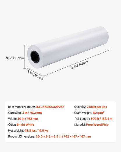 Wide Format Paper, 30 in x 500 ft Plotter Roll, 2 Rolls CAD Bond Rolls with 3 in Core, 20 LB Bond Paper Rolls, Ideal for CAD Drawings, Engineering Plans, GIS Maps, and Architectural Designs