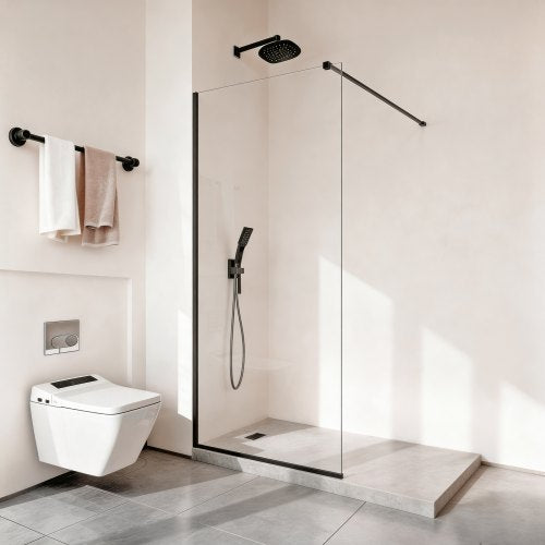 Fixed Glass Shower Panel, 34 x 73.6 in Semi-Framed Fixed Shower Screen, 5/16 in Thick Clear Tempered Glass Door with Bottom Seal Strip and Hardware, Easy to Clean, for Bathroom, Matte Black