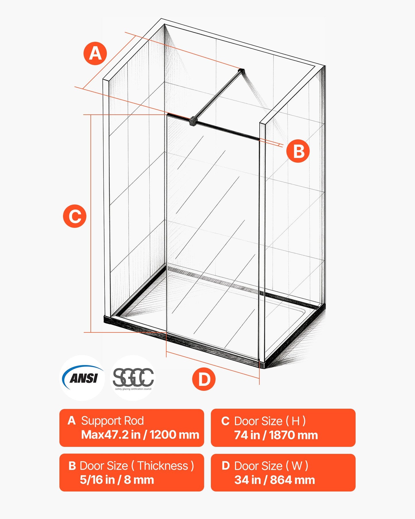 Fixed Glass Shower Panel, 34 x 73.6 in Semi-Framed Fixed Shower Screen, 5/16 in Thick Clear Tempered Glass Door with Bottom Seal Strip and Hardware, Easy to Clean, for Bathroom, Matte Black