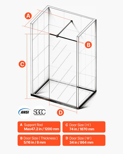 Fixed Glass Shower Panel, 34 x 73.6 in Semi-Framed Fixed Shower Screen, 5/16 in Thick Clear Tempered Glass Door with Bottom Seal Strip and Hardware, Easy to Clean, for Bathroom, Matte Black
