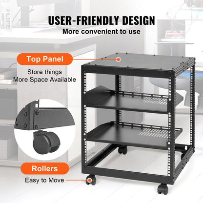 12U Open Frame Server Rack, 23-40 in Adjustable Depth, Free Standing or Wall Mount Network Server Rack, 4 Post AV Rack with Casters, Holds All Your Networking IT Equipment AV Gear Router Modem