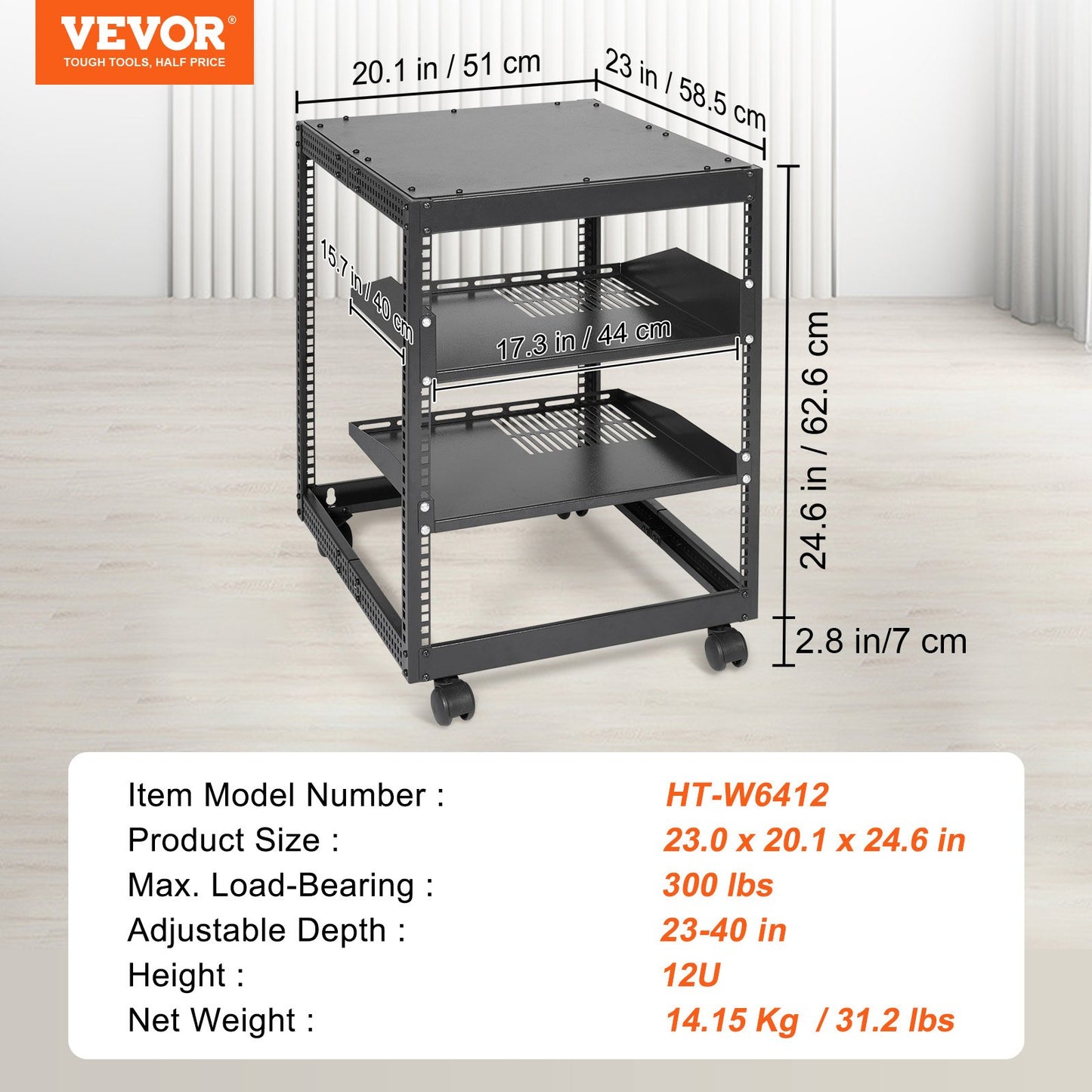 12U Open Frame Server Rack, 23-40 in Adjustable Depth, Free Standing or Wall Mount Network Server Rack, 4 Post AV Rack with Casters, Holds All Your Networking IT Equipment AV Gear Router Modem