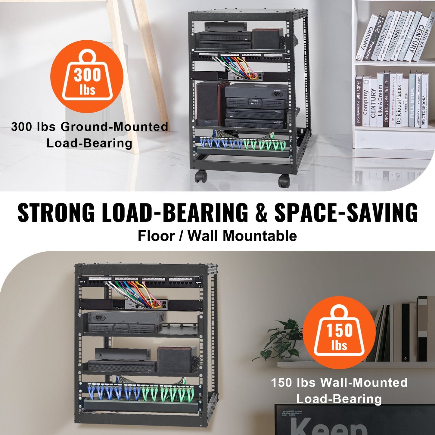 15U Open Frame Server Rack, 23-40 in Adjustable Depth, Free Standing or Wall Mount Network Server Rack, 4 Post AV Rack with Casters, Holds All Your Networking IT Equipment AV Gear Router Modem