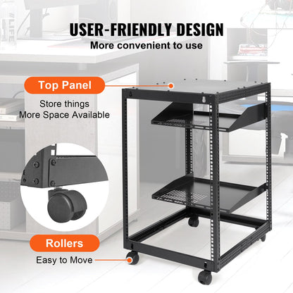 15U Open Frame Server Rack, 23-40 in Adjustable Depth, Free Standing or Wall Mount Network Server Rack, 4 Post AV Rack with Casters, Holds All Your Networking IT Equipment AV Gear Router Modem