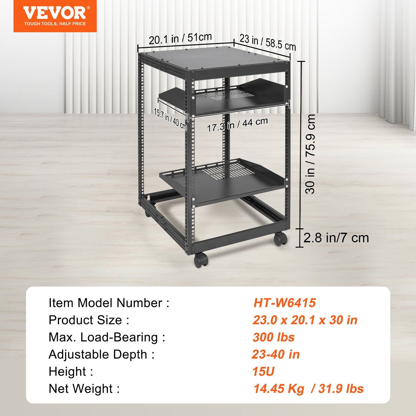 15U Open Frame Server Rack, 23-40 in Adjustable Depth, Free Standing or Wall Mount Network Server Rack, 4 Post AV Rack with Casters, Holds All Your Networking IT Equipment AV Gear Router Modem