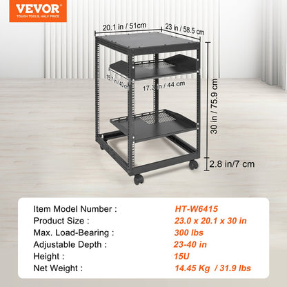 15U Open Frame Server Rack, 23-40 in Adjustable Depth, Free Standing or Wall Mount Network Server Rack, 4 Post AV Rack with Casters, Holds All Your Networking IT Equipment AV Gear Router Modem