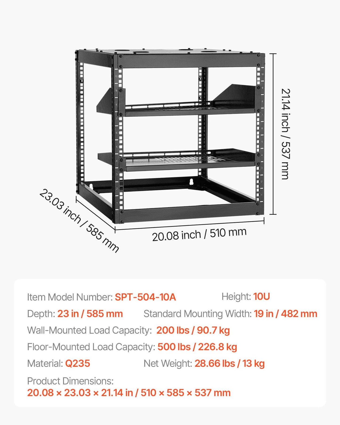 10U Open Frame Network Rack, 23 in Depth, Wall Mounted or Floor Standing Server Rack, Heavy Duty 4 Post, with Vented Shelves & Mounting Hardware, Holds All Your Networking IT Equipment AV Gear