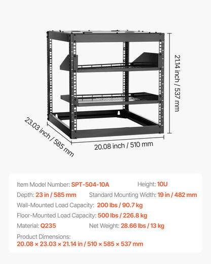 10U Open Frame Network Rack, 23 in Depth, Wall Mounted or Floor Standing Server Rack, Heavy Duty 4 Post, with Vented Shelves & Mounting Hardware, Holds All Your Networking IT Equipment AV Gear
