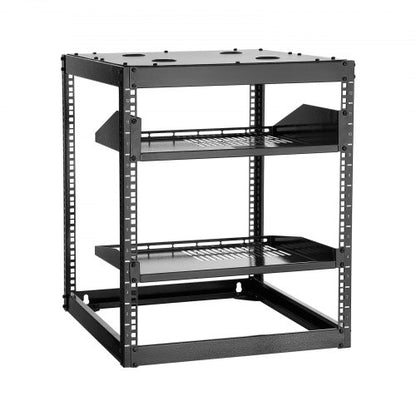 12U Open Frame Network Rack, 23 in Depth, Wall Mounted or Floor Standing Server Rack, Heavy Duty 4 Post, with Vented Shelves & Mounting Hardware, Holds All Your Networking IT Equipment AV Gear