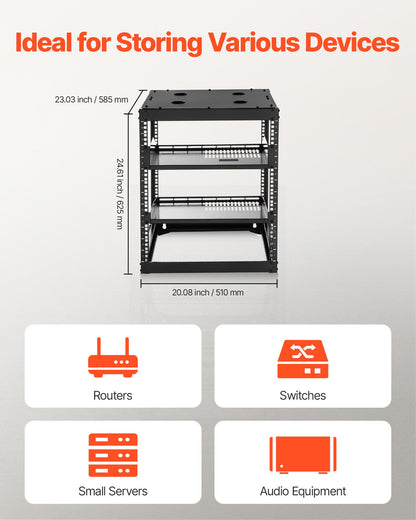 12U Open Frame Network Rack, 23 in Depth, Wall Mounted or Floor Standing Server Rack, Heavy Duty 4 Post, with Vented Shelves & Mounting Hardware, Holds All Your Networking IT Equipment AV Gear