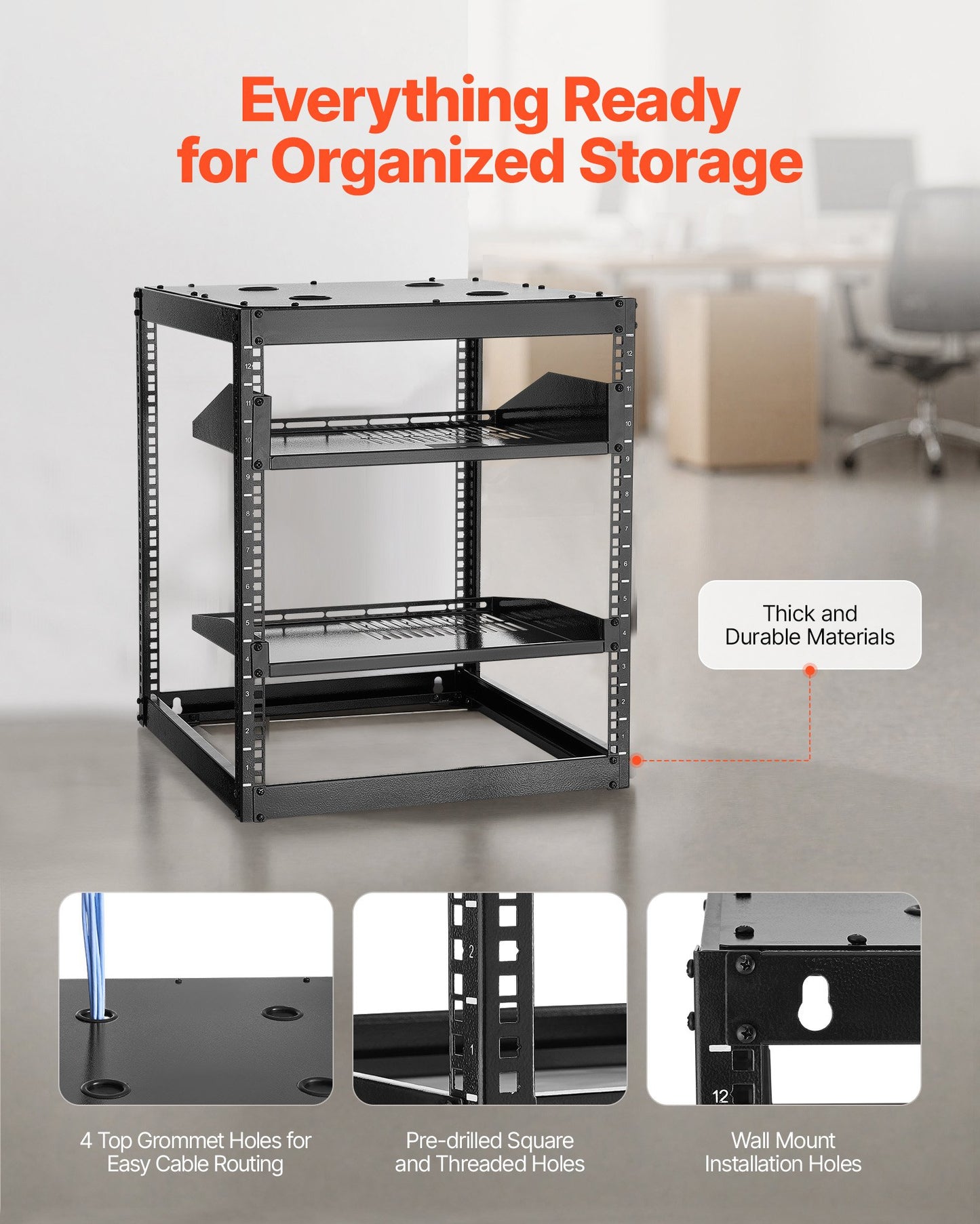 12U Open Frame Network Rack, 23 in Depth, Wall Mounted or Floor Standing Server Rack, Heavy Duty 4 Post, with Vented Shelves & Mounting Hardware, Holds All Your Networking IT Equipment AV Gear