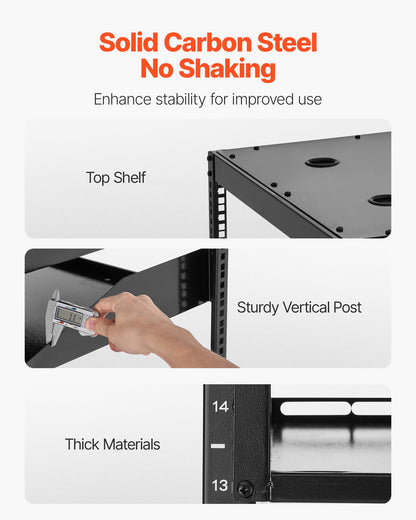 16U Open Frame Network Rack, 23 in Depth, Wall Mounted or Floor Standing Server Rack, Heavy Duty 4 Post, with Vented Shelves & Mounting Hardware, Holds All Your Networking IT Equipment AV Gear
