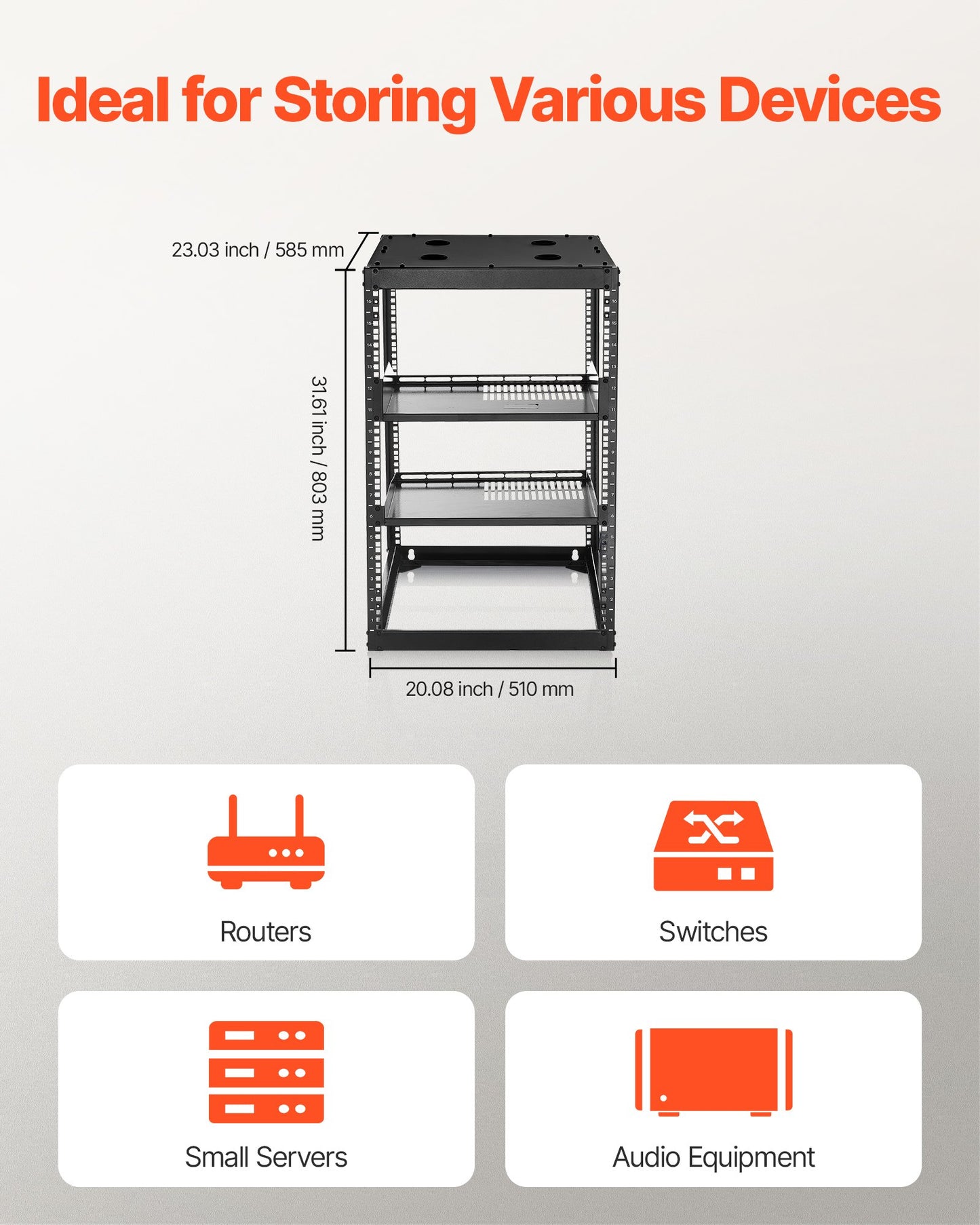 16U Open Frame Network Rack, 23 in Depth, Wall Mounted or Floor Standing Server Rack, Heavy Duty 4 Post, with Vented Shelves & Mounting Hardware, Holds All Your Networking IT Equipment AV Gear