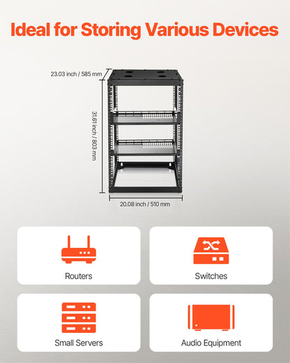 16U Open Frame Network Rack, 23 in Depth, Wall Mounted or Floor Standing Server Rack, Heavy Duty 4 Post, with Vented Shelves & Mounting Hardware, Holds All Your Networking IT Equipment AV Gear