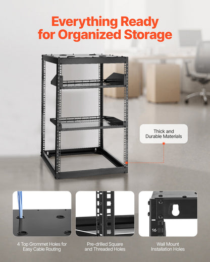 16U Open Frame Network Rack, 23 in Depth, Wall Mounted or Floor Standing Server Rack, Heavy Duty 4 Post, with Vented Shelves & Mounting Hardware, Holds All Your Networking IT Equipment AV Gear