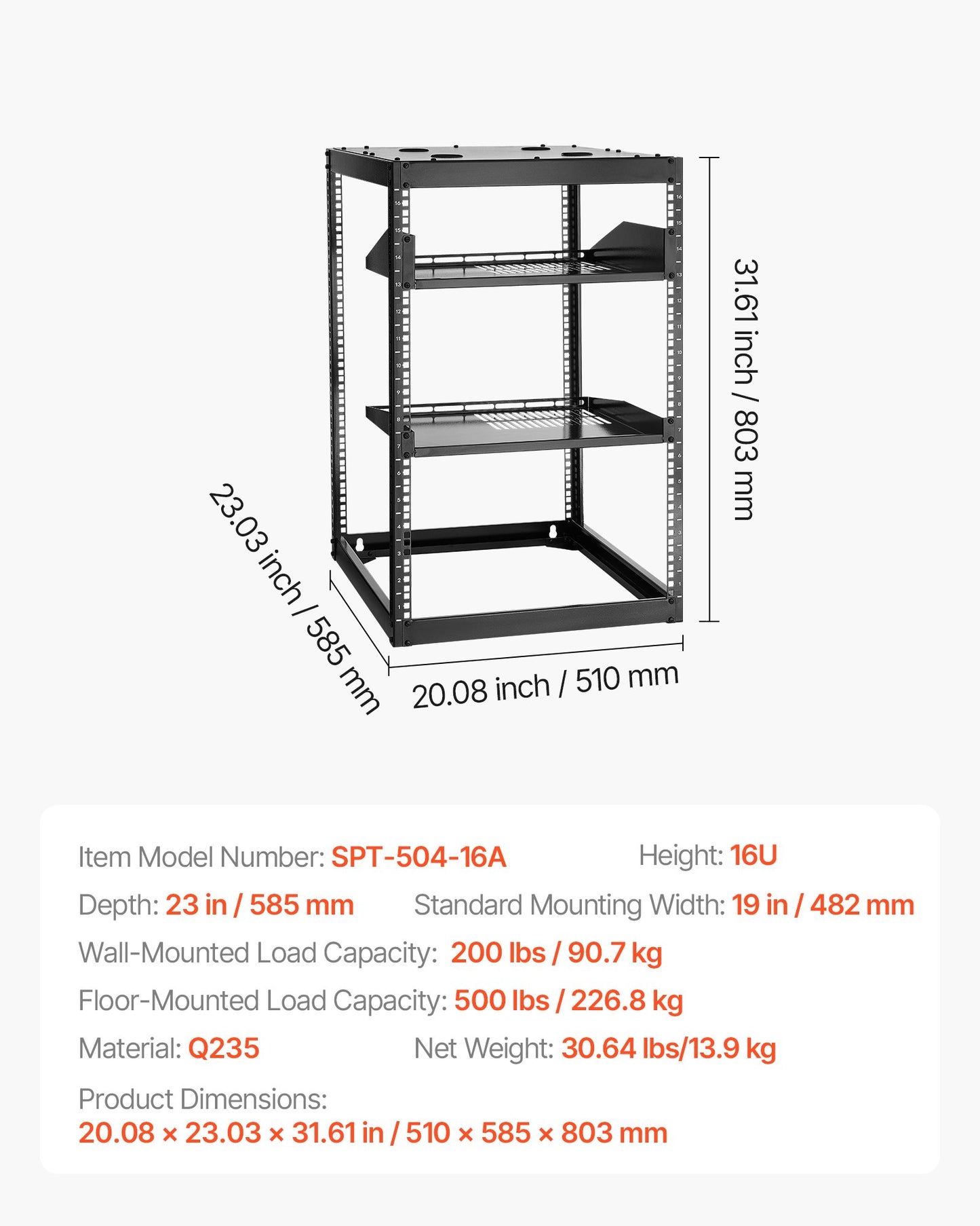 16U Open Frame Network Rack, 23 in Depth, Wall Mounted or Floor Standing Server Rack, Heavy Duty 4 Post, with Vented Shelves & Mounting Hardware, Holds All Your Networking IT Equipment AV Gear