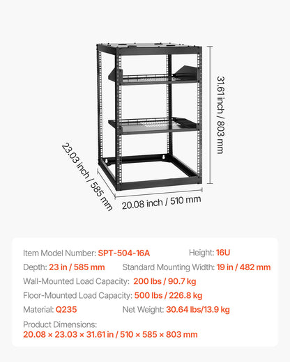 16U Open Frame Network Rack, 23 in Depth, Wall Mounted or Floor Standing Server Rack, Heavy Duty 4 Post, with Vented Shelves & Mounting Hardware, Holds All Your Networking IT Equipment AV Gear