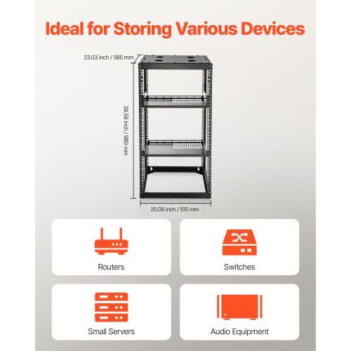 20U nätverksrack med öppet ramverk, 585 mm djup, väggmonterat eller golvstående serverrack, kraftigt 4-pelare, med ventilerade hyllor och monteringsdetaljer, rymmer all din nätverks-IT-utrustning och AV-utrustning |  EU
