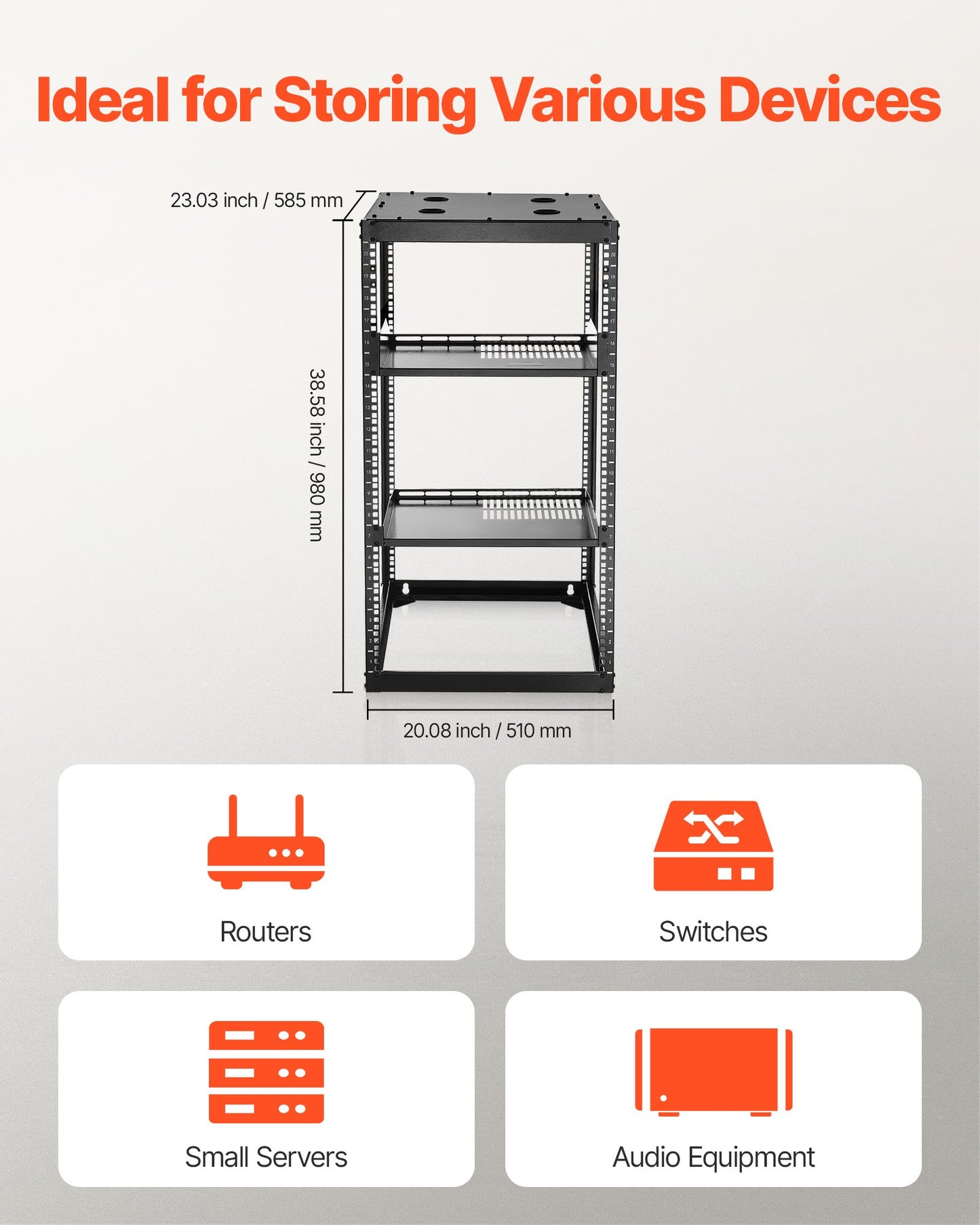 20U Open Frame Network Rack, 23 in Depth, Wall Mounted or Floor Standing Server Rack, Heavy Duty 4 Post, with Vented Shelves & Mounting Hardware, Holds All Your Networking IT Equipment AV Gear