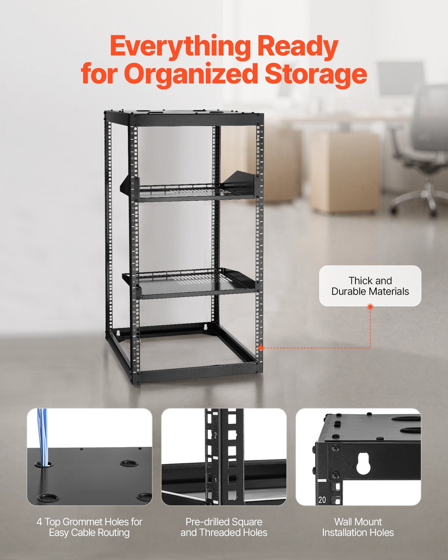 20U Open Frame Network Rack, 23 in Depth, Wall Mounted or Floor Standing Server Rack, Heavy Duty 4 Post, with Vented Shelves & Mounting Hardware, Holds All Your Networking IT Equipment AV Gear