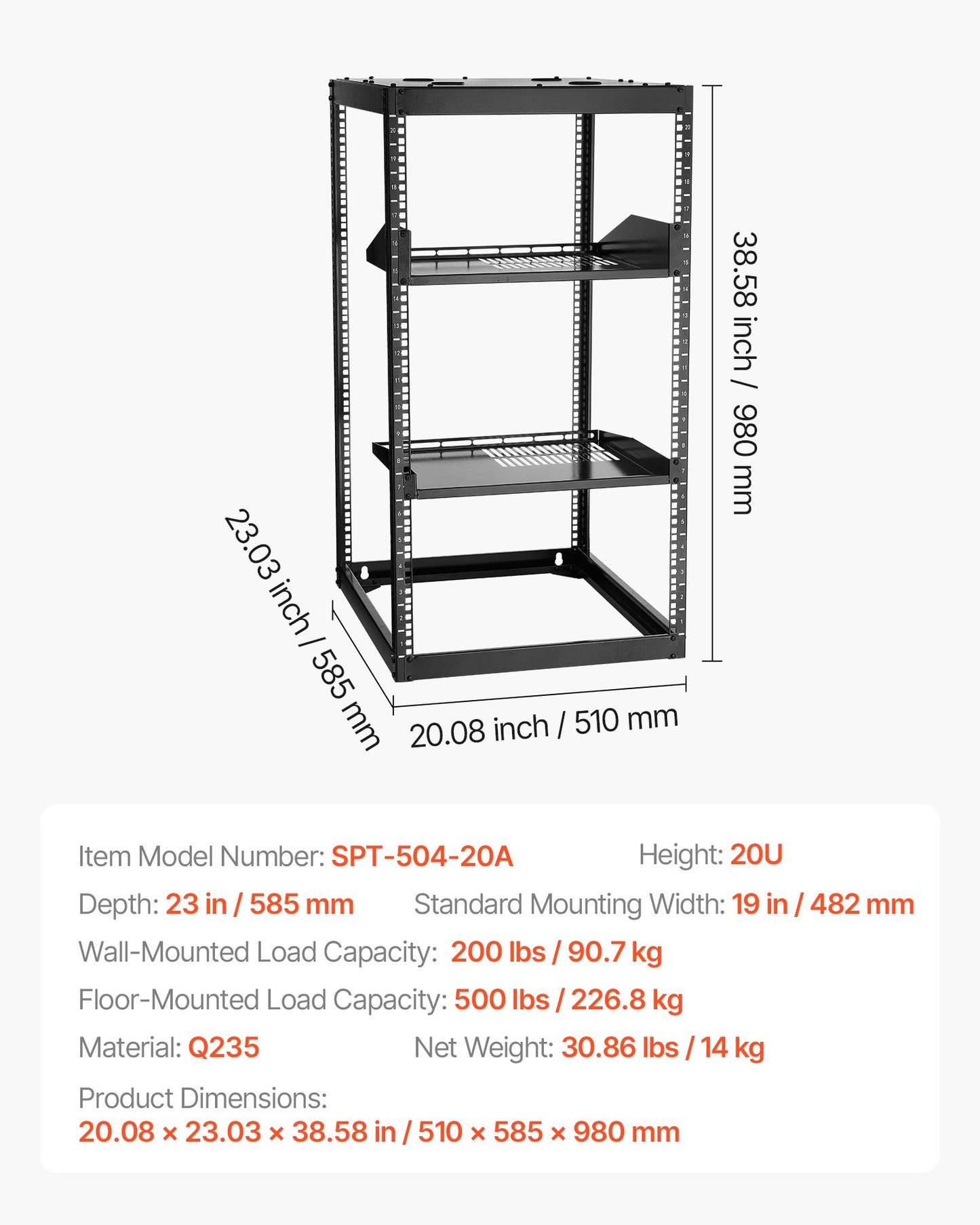 20U Open Frame Network Rack, 23 in Depth, Wall Mounted or Floor Standing Server Rack, Heavy Duty 4 Post, with Vented Shelves & Mounting Hardware, Holds All Your Networking IT Equipment AV Gear