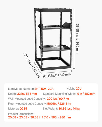20U Open Frame Network Rack, 23 in Depth, Wall Mounted or Floor Standing Server Rack, Heavy Duty 4 Post, with Vented Shelves & Mounting Hardware, Holds All Your Networking IT Equipment AV Gear
