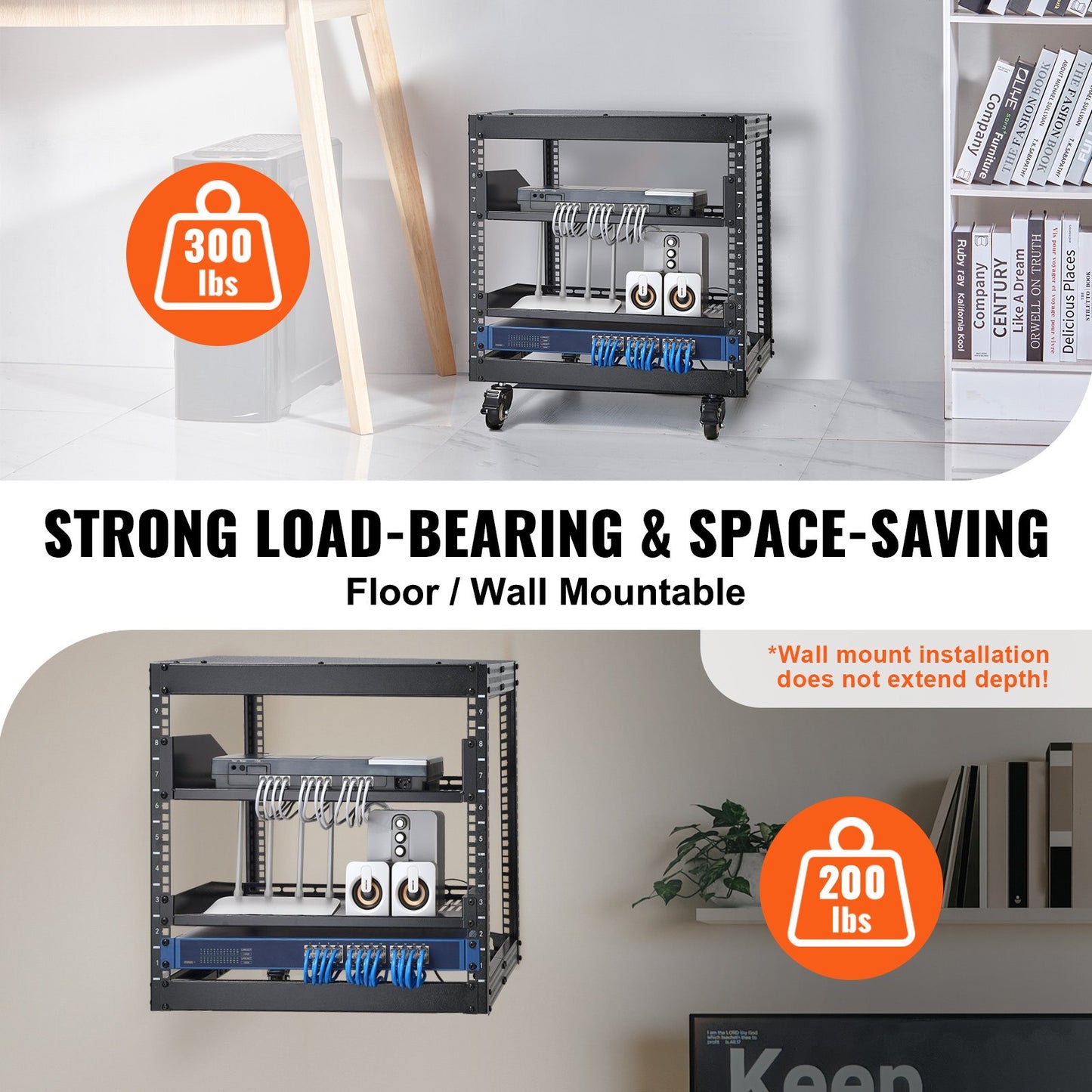 9U Open Frame Server Rack, 23''-40'' Adjustable Depth, Free Standing or Wall Mount Network Server Rack with 360° Casters, Heavy Duty 4 Post Holds All Your Networking IT Equipment AV Gear Router
