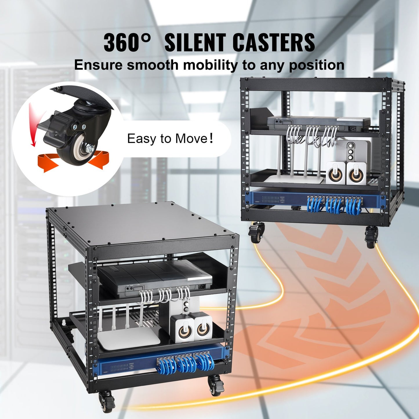 9U Open Frame Server Rack, 23''-40'' Adjustable Depth, Free Standing or Wall Mount Network Server Rack with 360° Casters, Heavy Duty 4 Post Holds All Your Networking IT Equipment AV Gear Router