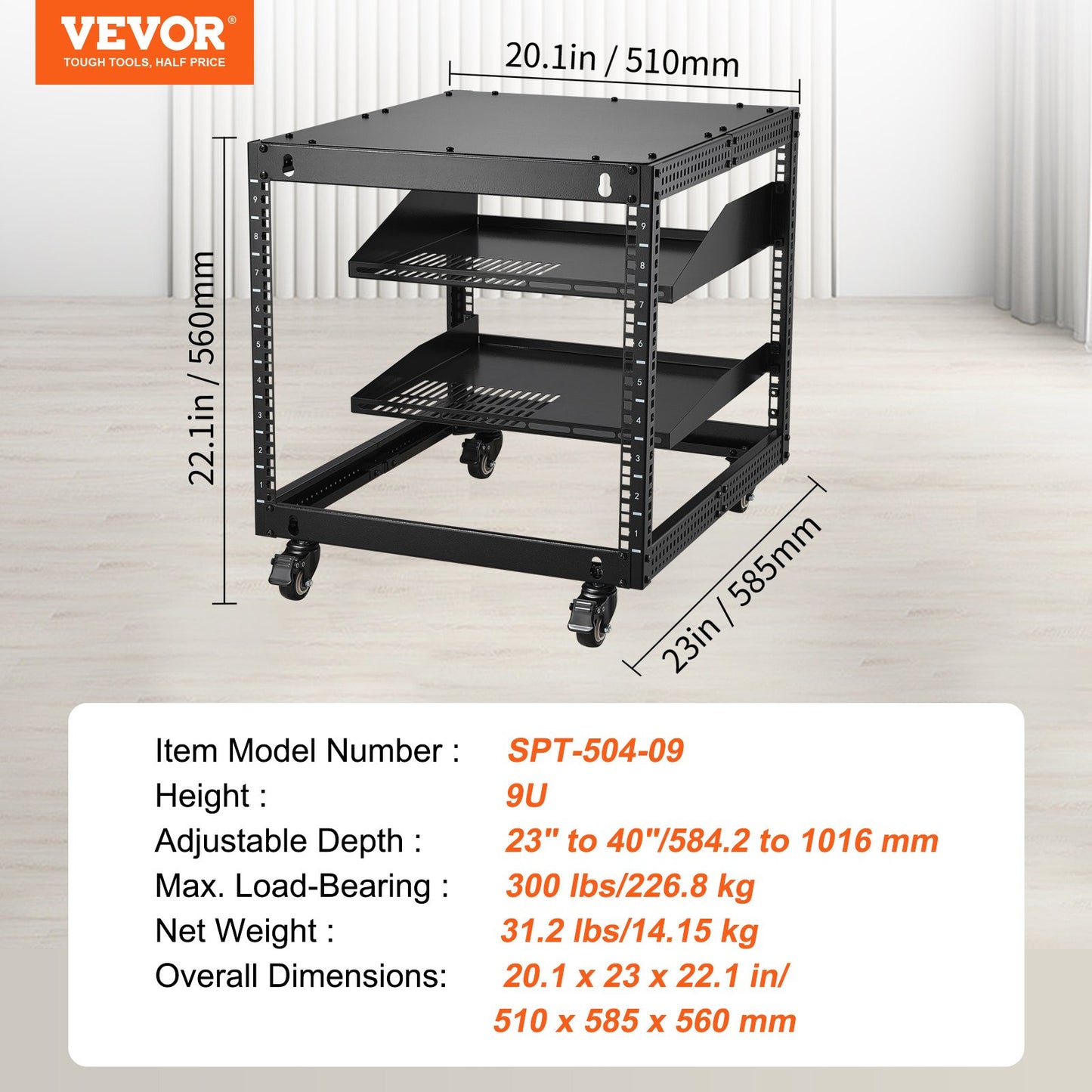 9U Open Frame Server Rack, 23''-40'' Adjustable Depth, Free Standing or Wall Mount Network Server Rack with 360° Casters, Heavy Duty 4 Post Holds All Your Networking IT Equipment AV Gear Router