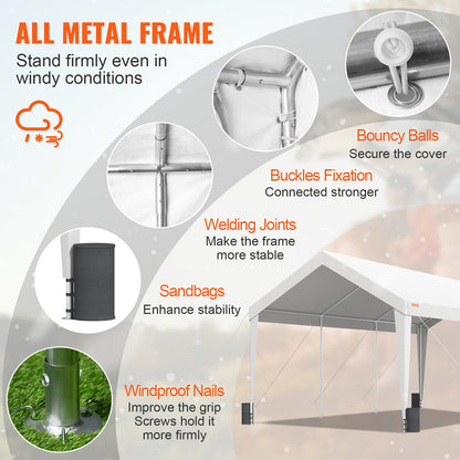 Carport, 10x20 fot Heavy Duty Car Canopy Garage Boat Shelter Partytält med 8 förstärkta stolpar och 4 viktpåsar, UV-beständig vattentät presenning för SUV, F150, bil, lastbil, båt