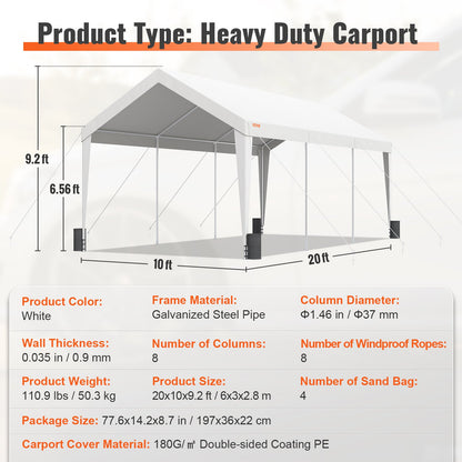 Carport, 10x20 fot Heavy Duty Car Canopy Garage Boat Shelter Partytält med 8 förstärkta stolpar och 4 viktpåsar, UV-beständig vattentät presenning för SUV, F150, bil, lastbil, båt