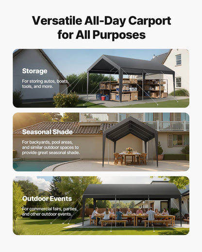 Carport, 10 x 20 FT Outdoor Car Canopy, Potable Carport, Heavy Duty Galvanized Car Shelter, UV-Resistant & Water-Resistant, All-Season Protection, Storage Shed for Car Boat Motorcycle Grey