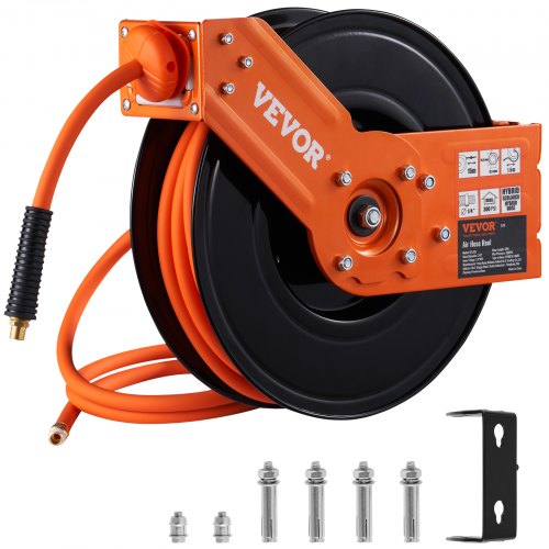Retractable Air Hose Reel, 3/8 IN x 50 FT Hybrid Air Hose Max 300PSI, Air Compressor Hose Reel with 5 In Lead in, Ceiling / Wall Mount Heavy Duty Double Arm Steel Reel