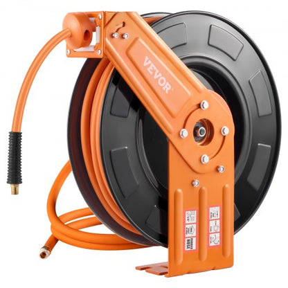 Retractable Air Hose Reel, 3/8IN x 100FT Rubber Air Hose Max 300PSI, Air Compressor Hose Reel Auto-Rewind with 5FT Lead in, Ceiling/Wall Mount Heavy Duty Single Arm Steel Reel, 1/4" NPT Fitting
