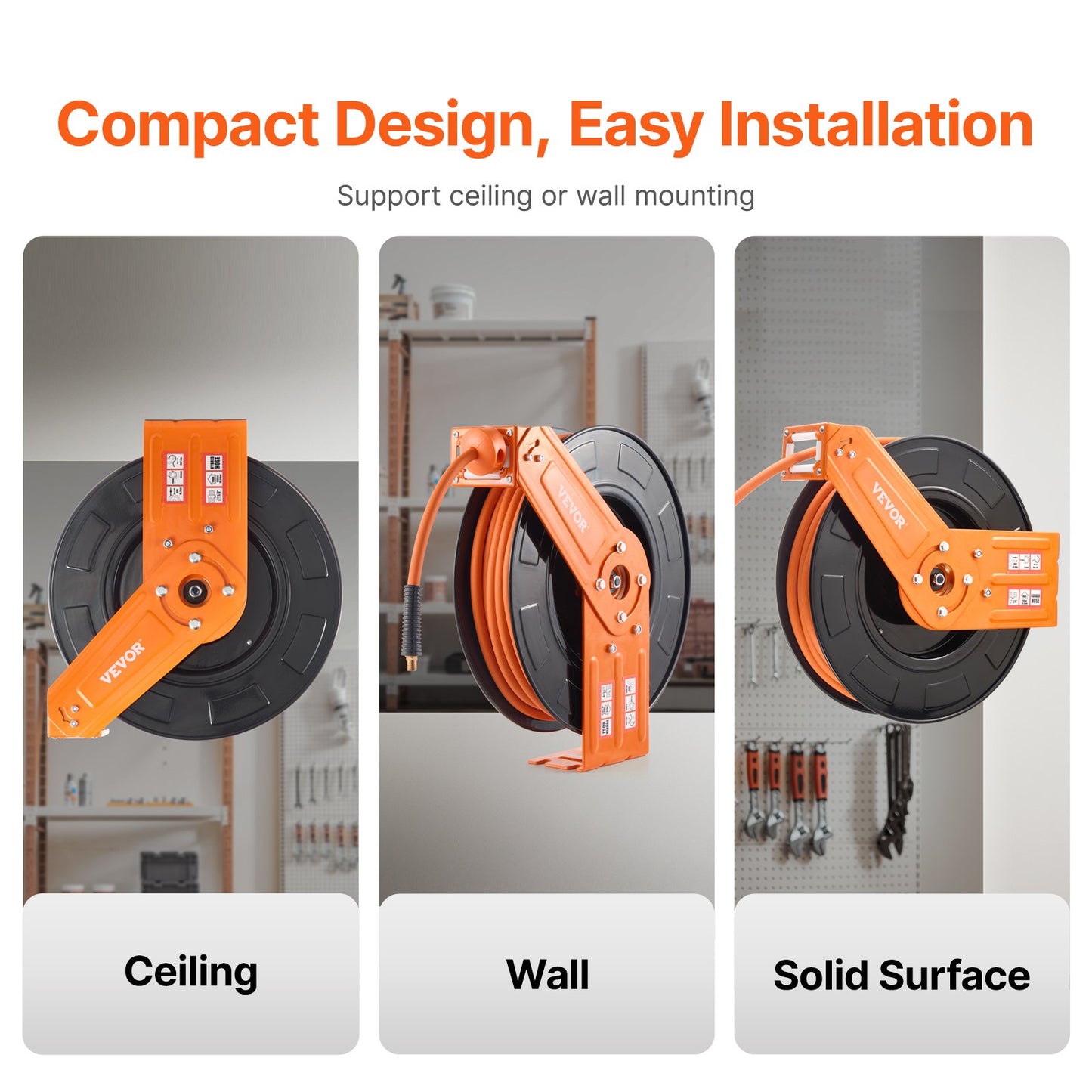 Retractable Air Hose Reel, 3/8IN x 100FT Rubber Air Hose Max 300PSI, Air Compressor Hose Reel Auto-Rewind with 5FT Lead in, Ceiling/Wall Mount Heavy Duty Single Arm Steel Reel, 1/4" NPT Fitting