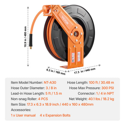 Retractable Air Hose Reel, 3/8IN x 100FT Rubber Air Hose Max 300PSI, Air Compressor Hose Reel Auto-Rewind with 5FT Lead in, Ceiling/Wall Mount Heavy Duty Single Arm Steel Reel, 1/4" NPT Fitting