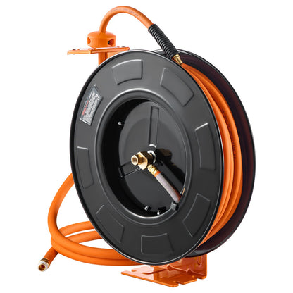 Retractable Air Hose Reel, 3/8IN x 100FT Rubber Air Hose Max 300PSI, Air Compressor Hose Reel Auto-Rewind with 5FT Lead in, Ceiling/Wall Mount Heavy Duty Single Arm Steel Reel, 1/4" NPT Fitting